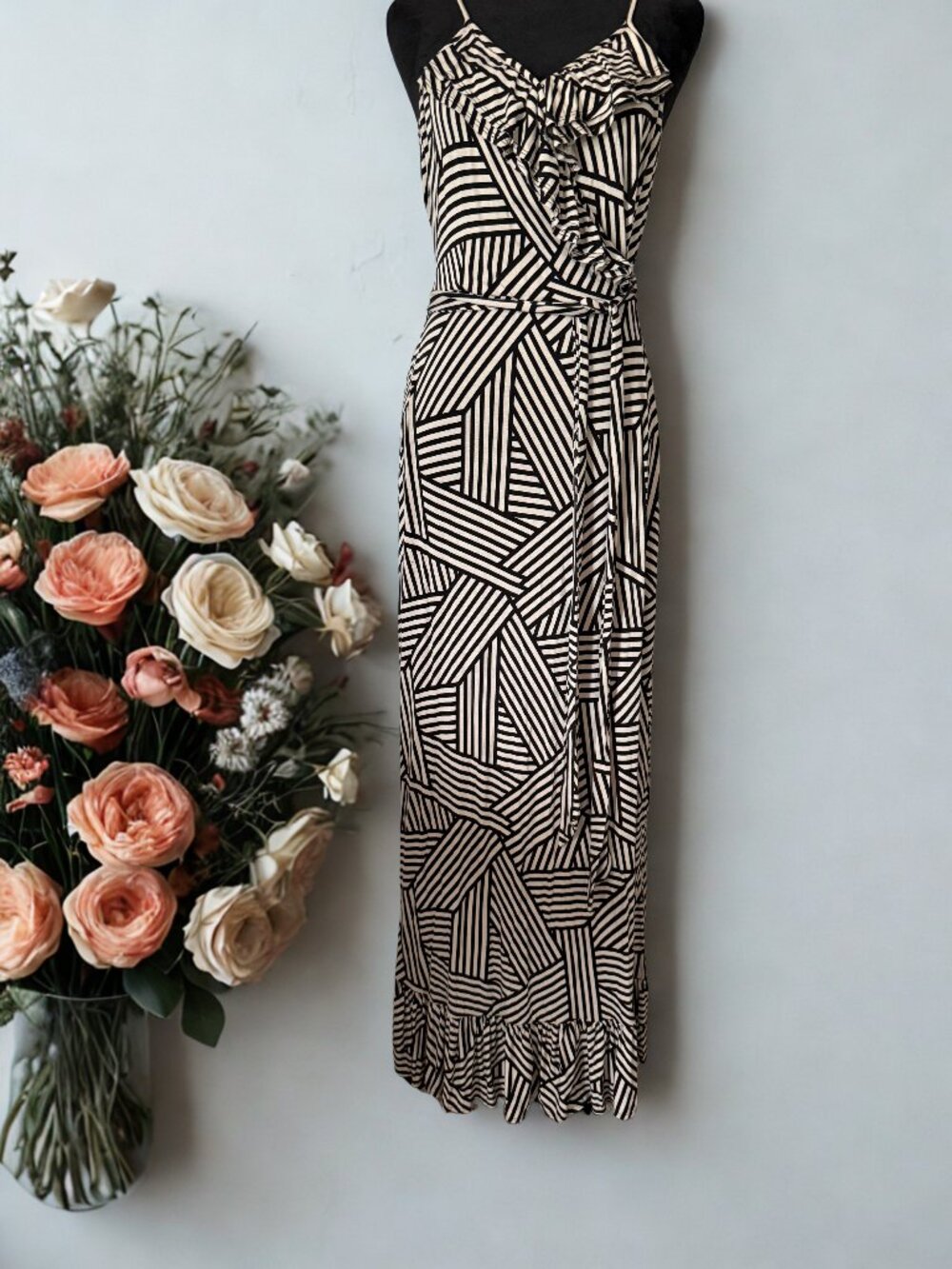 A.N.A. Tan and Black Ruffled Maxi Dress